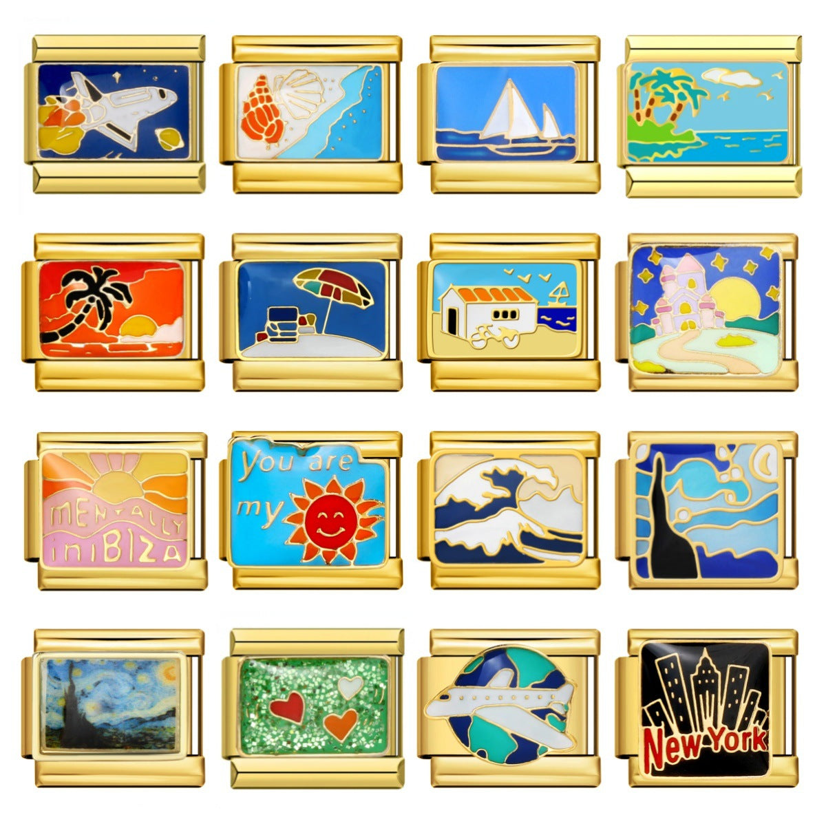 Gold Bottom Tourist Resort Scenery Pattern Italian Module Bracelet DIY Welding Drip Oil Stainless Steel Strap Chain Gold Bottom Tourist Resort Scenery Pattern Italian Module Bracelet DIY Welding Drip Oil Stainless Steel Strap Chain