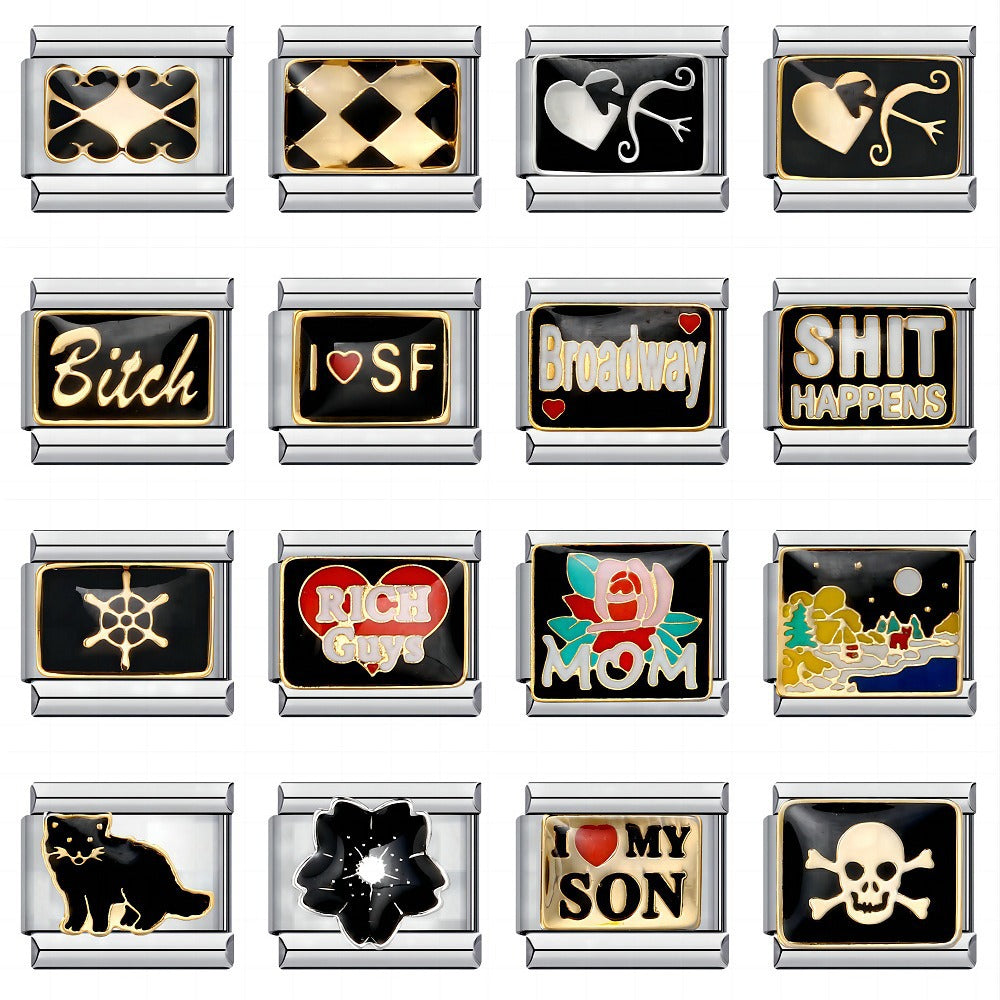 Black Gold Plated Cartoon DIY Italian Modular Bracelet Unique Welded Pattern Stainless Steel Bangle Black Gold Plated Cartoon DIY Italian Modular Bracelet Unique Welded Pattern Stainless Steel Bangle