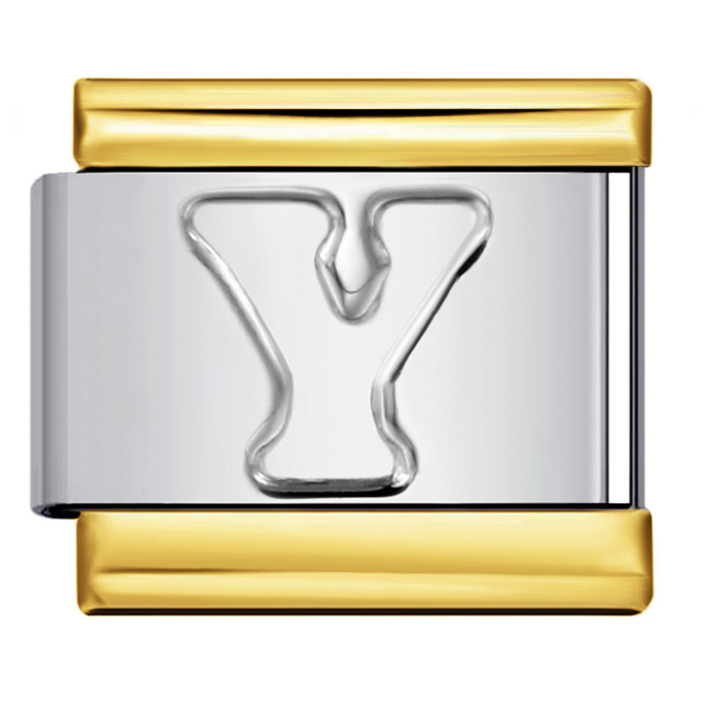 Fashion Gold Cover Silver Concave English Letter Bracelet Titanium Steel Non Dripping Oil DIY Italian Module Bracelet Wholesale Fashion Gold Cover Silver Concave English Letter Bracelet Titanium Steel Non Dripping Oil DIY Italian Module Bracelet Wholesale