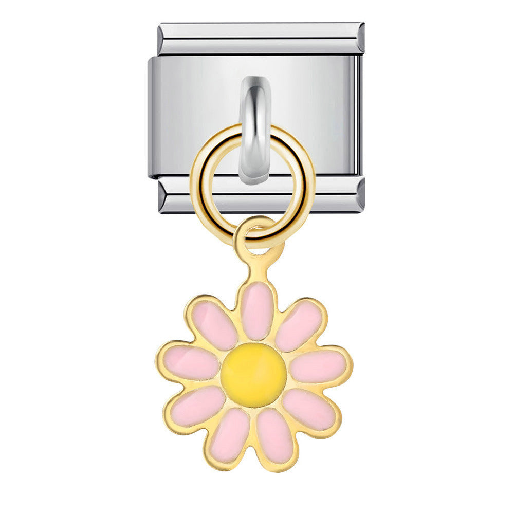 Single Silver Bottom Flower Pendant Italian Module Bracelet Stainless Steel Gold Plated Drip Oil DIY Hook Bracelet Single Silver Bottom Flower Pendant Italian Module Bracelet Stainless Steel Gold Plated Drip Oil DIY Hook Bracelet