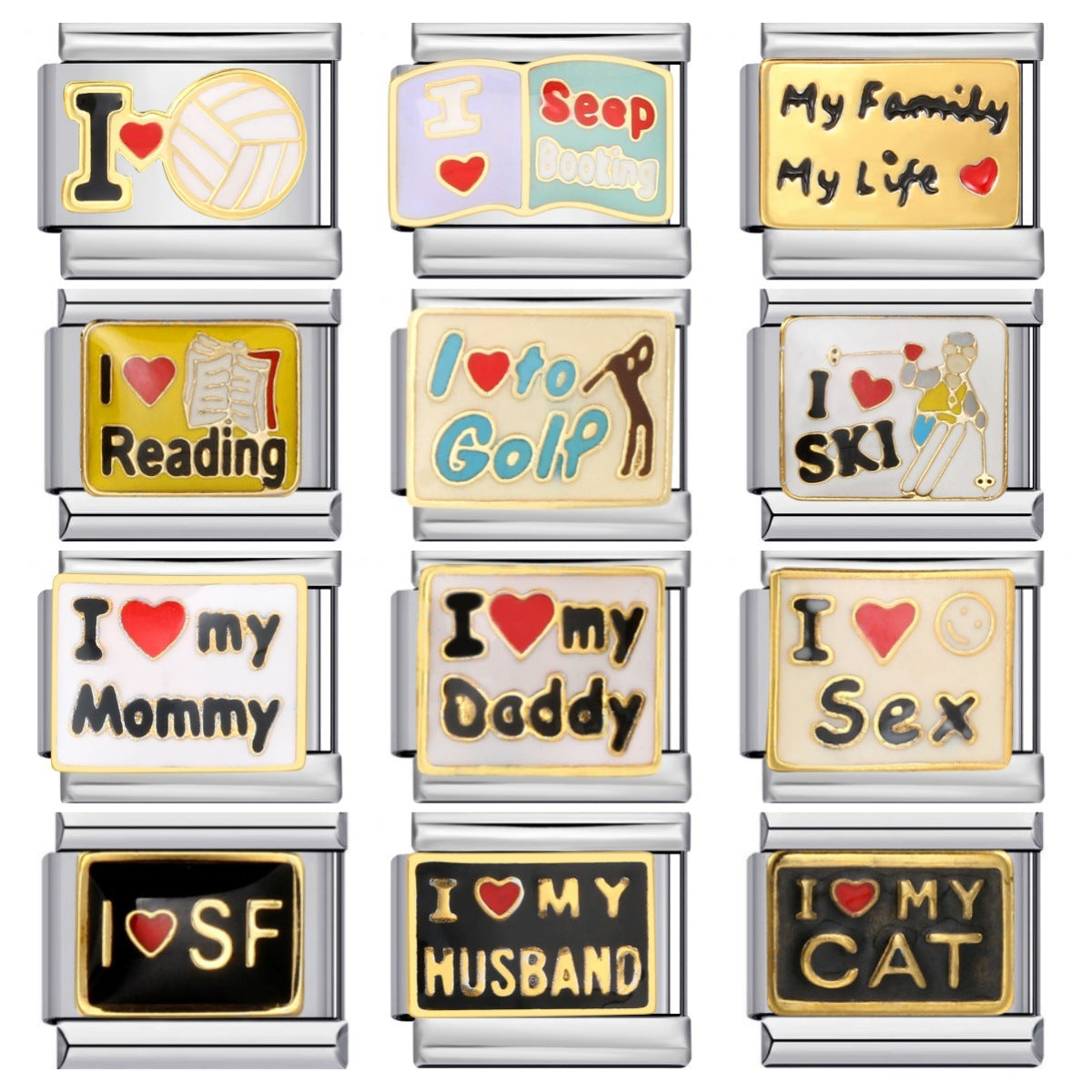 Cross Border Hot Selling Heart English Pattern Wristband Titanium Steel Welded Gold-plated Drip Oil DIY Italian Module Bracelet Cross Border Hot Selling Heart English Pattern Wristband Titanium Steel Welded Gold-plated Drip Oil DIY Italian Module Bracelet