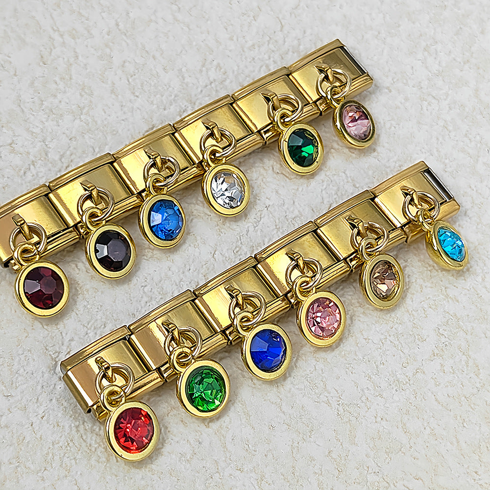 Colorful Birthstone Gold and Silver Base Circular Pendant, Italian Module Bracelet, Titanium Steel Hook, Fashionable and Versatile Bracelet Colorful Birthstone Gold and Silver Base Circular Pendant, Italian Module Bracelet, Titanium Steel Hook, Fashionable and Versatile Bracelet