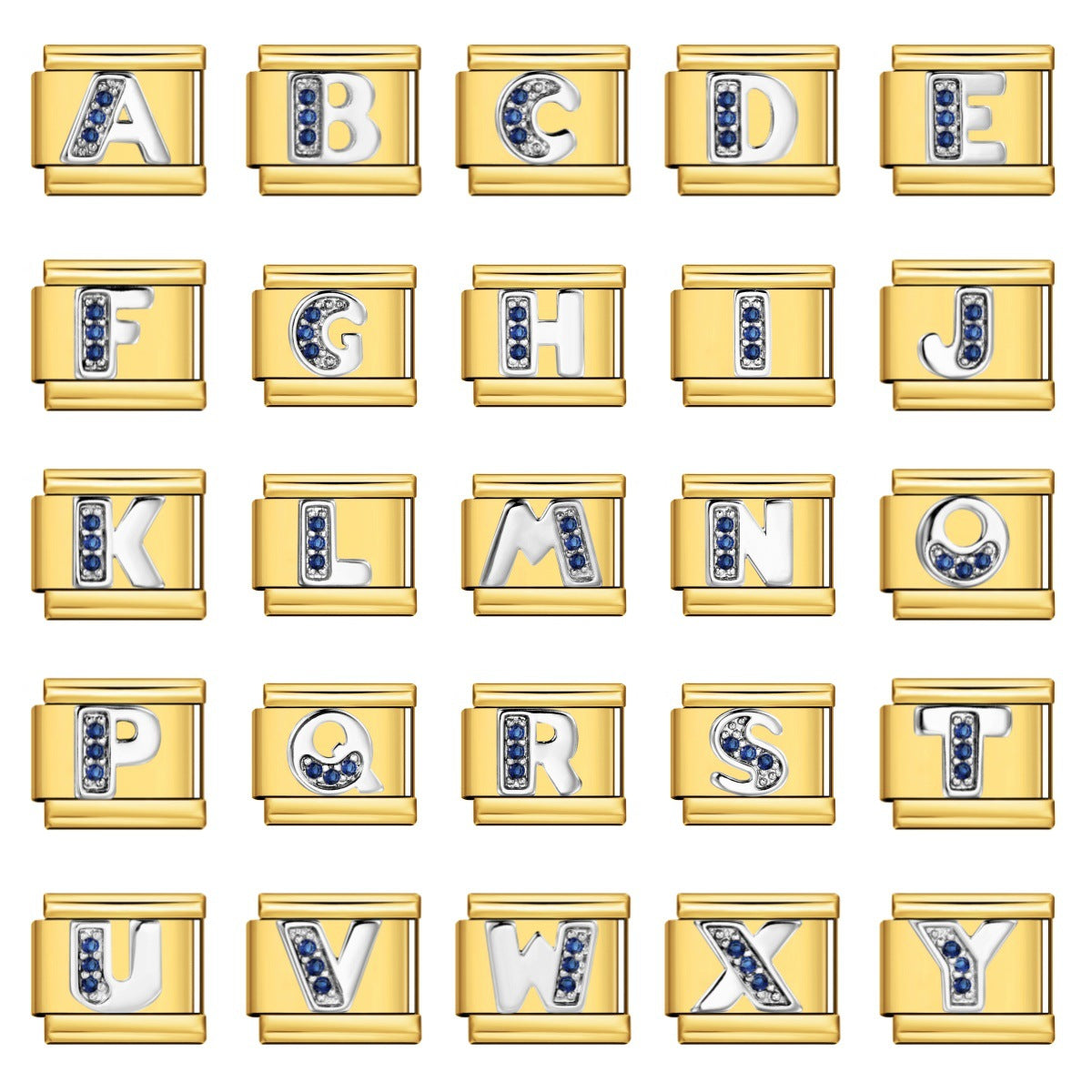 Italian Module Bracelet Gold Background Blue Diamond Letters DIY Stainless Steel Elastic Assembly Welded Strap Bracelet Italian Module Bracelet Gold Background Blue Diamond Letters DIY Stainless Steel Elastic Assembly Welded Strap Bracelet