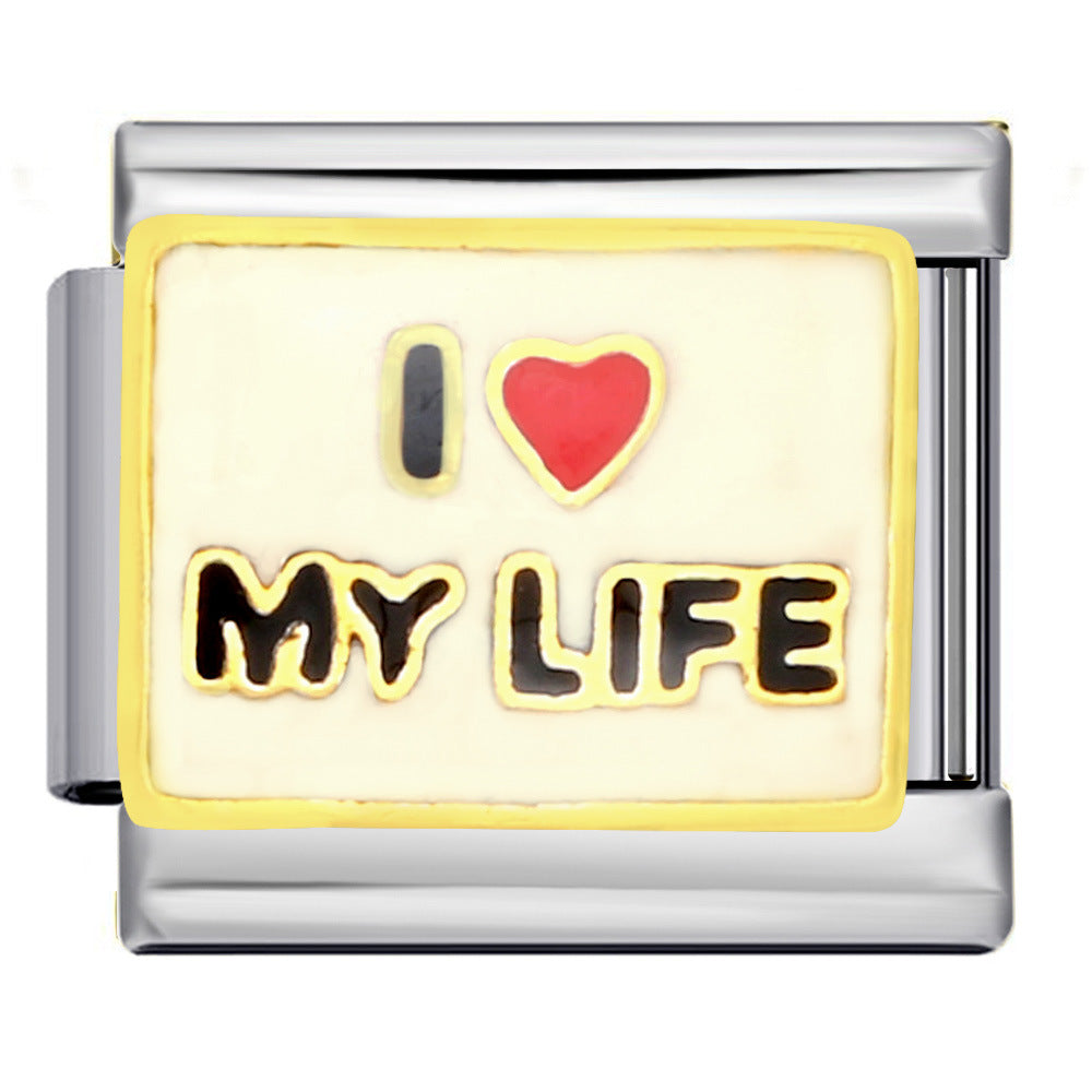 Cross Border Hot Selling Heart English Pattern Wristband Titanium Steel Welded Gold-plated Drip Oil DIY Italian Module Bracelet Cross Border Hot Selling Heart English Pattern Wristband Titanium Steel Welded Gold-plated Drip Oil DIY Italian Module Bracelet