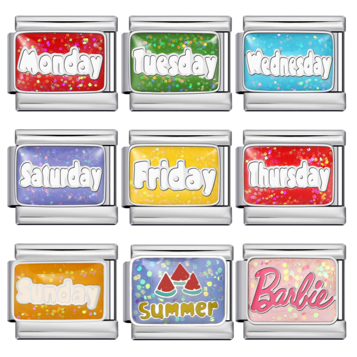 Sparkling Powder Series English Week Italian Module Bracelet Titanium Steel Welding DIY Splicing Elastic Bracelet Sparkling Powder Series English Week Italian Module Bracelet Titanium Steel Welding DIY Splicing Elastic Bracelet