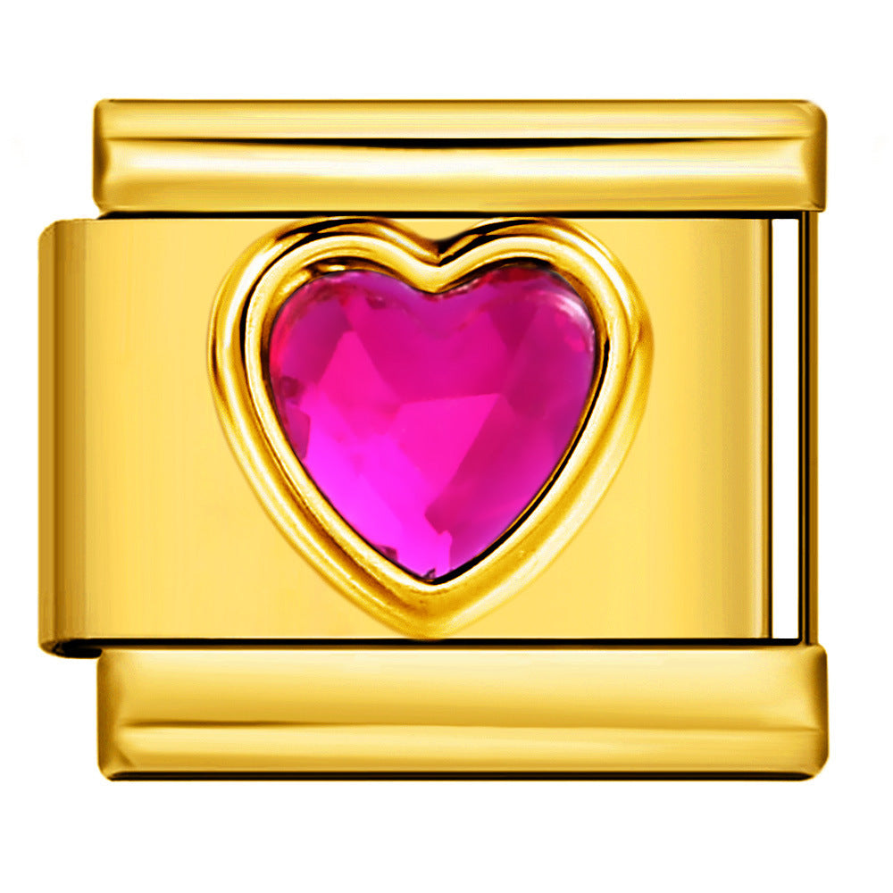 Gold Colored Heart-shaped Circle Diamond Italian Module Bracelet DIY Titanium Steel Welded Elastic Watch Chain Accessory Gold Colored Heart-shaped Circle Diamond Italian Module Bracelet DIY Titanium Steel Welded Elastic Watch Chain Accessory