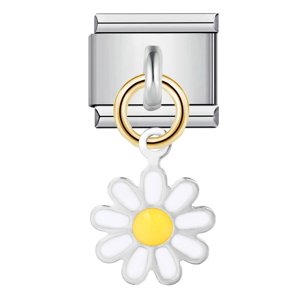 Single Silver Bottom Flower Pendant Italian Module Bracelet Stainless Steel Gold Plated Drip Oil DIY Hook Bracelet Single Silver Bottom Flower Pendant Italian Module Bracelet Stainless Steel Gold Plated Drip Oil DIY Hook Bracelet