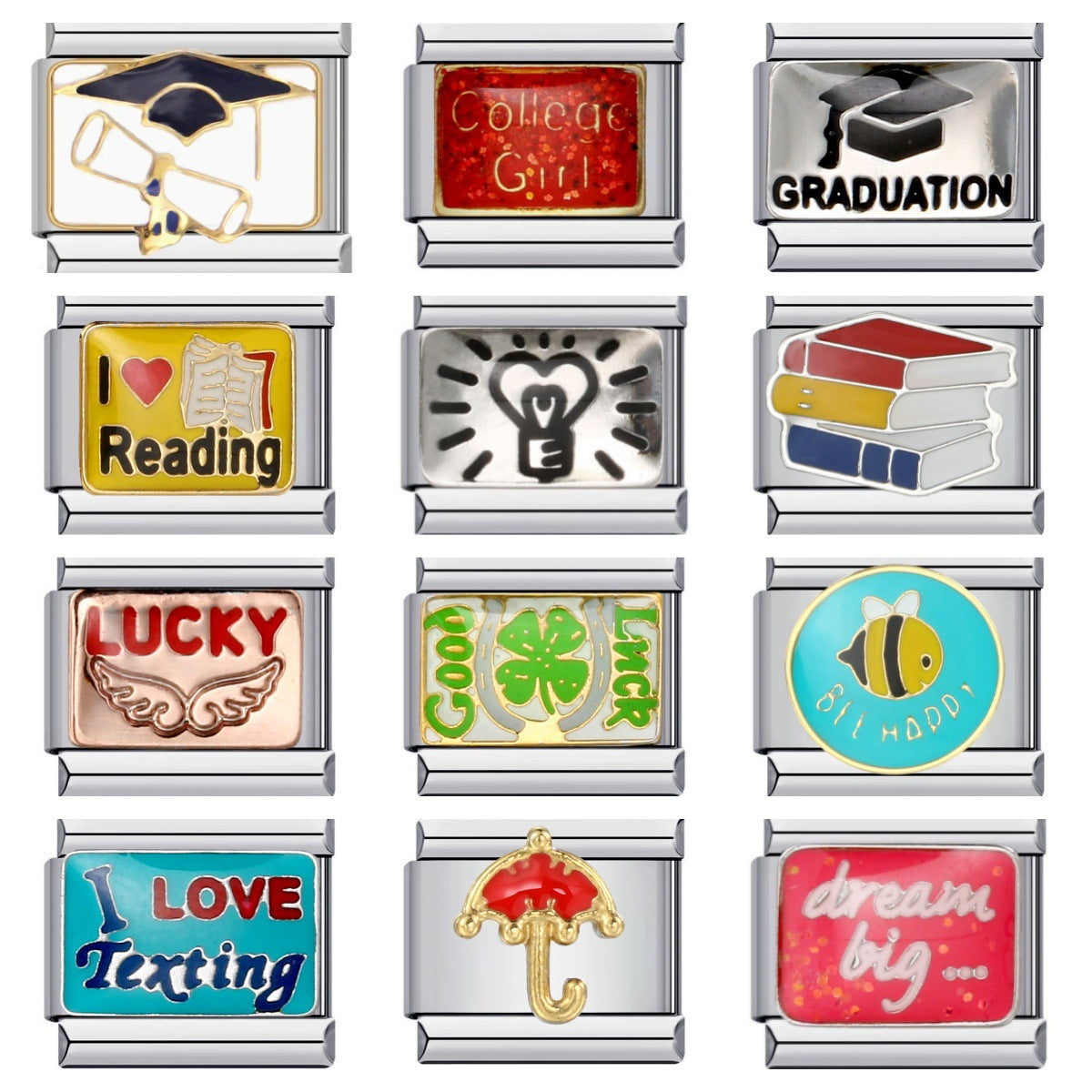 Student Graduation Pattern Italian Module Bracelet DIY Titanium Steel Welded Oil-Drip Elastic Splice Watch Strap Chain Student Graduation Pattern Italian Module Bracelet DIY Titanium Steel Welded Oil-Drip Elastic Splice Watch Strap Chain