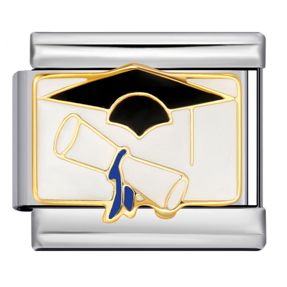 Student Graduation Pattern Italian Module Bracelet DIY Titanium Steel Welded Oil-Drip Elastic Splice Watch Strap Chain Student Graduation Pattern Italian Module Bracelet DIY Titanium Steel Welded Oil-Drip Elastic Splice Watch Strap Chain