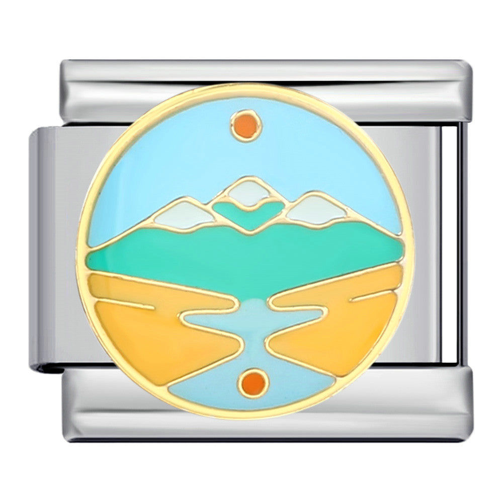 New River, Mountain, Seaside Scenery Italian Module Bracelet with Gold Plating and Oil Dripping DIY Welding Stainless Steel Bracelet New River, Mountain, Seaside Scenery Italian Module Bracelet with Gold Plating and Oil Dripping DIY Welding Stainless Steel Bracelet