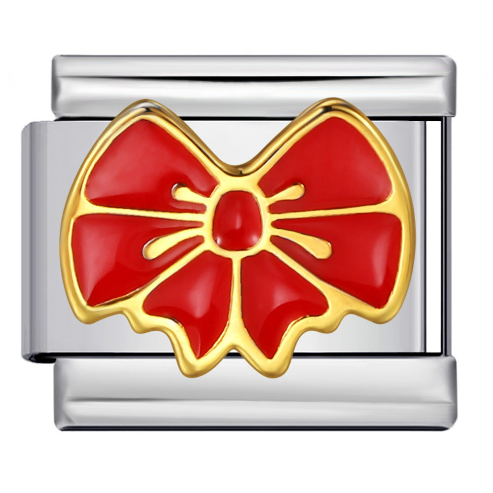 Bow & Cherry Pattern Italian Module Bracelet Titanium Steel Welded Drip-Oil DIY Bracelet Women's Jewelry Bow & Cherry Pattern Italian Module Bracelet Titanium Steel Welded Drip-Oil DIY Bracelet Women's Jewelry