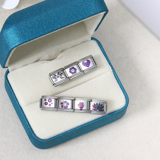 Colorful Laser Engraving Scene Pattern Engraving Italian Module Bracelet Splicing Titanium Steel Strap Chain