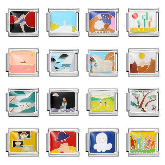 Fresh Illustration Series Italian Module Bracelet Titanium Steel Gold Plated Drip Oil DIY Welding Pattern Strap Chain