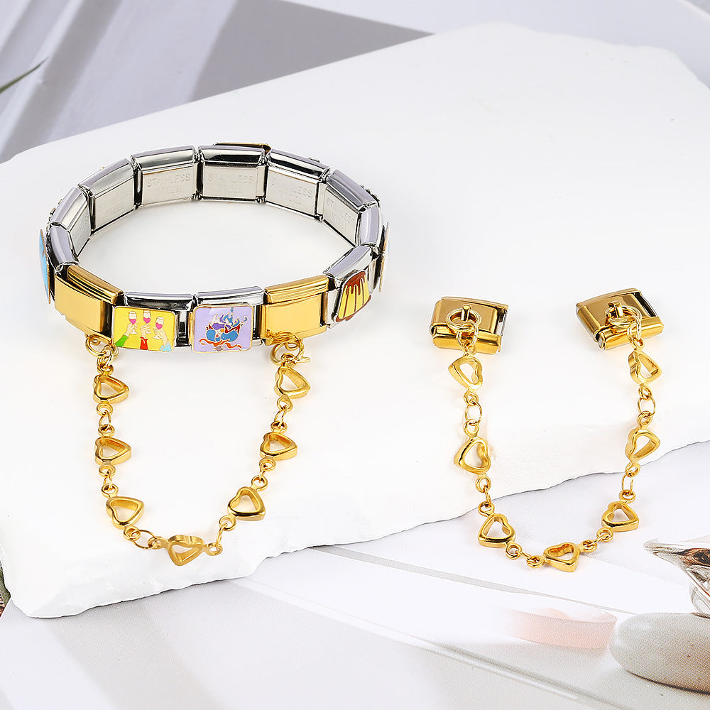 New Stainless Steel Heart-shaped Pendant Italian Module Bracelet with Double Hooks DIY Elastic Splicing Strap Chain New Stainless Steel Heart-shaped Pendant Italian Module Bracelet with Double Hooks DIY Elastic Splicing Strap Chain