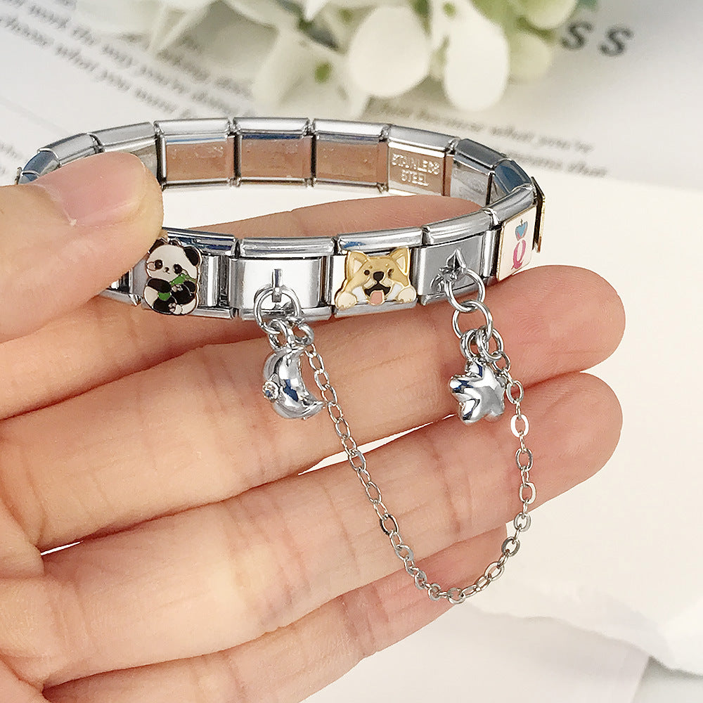 New Silver Double Pendant Italian Module Bracelet Stainless Steel Hook DIY Elastic Splicing Strap Chain New Silver Double Pendant Italian Module Bracelet Stainless Steel Hook DIY Elastic Splicing Strap Chain