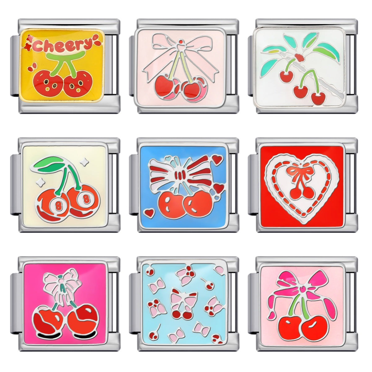 Bow & Cherry Pattern Italian Module Bracelet Titanium Steel Welded Drip-Oil DIY Bracelet Women's Jewelry Bow & Cherry Pattern Italian Module Bracelet Titanium Steel Welded Drip-Oil DIY Bracelet Women's Jewelry