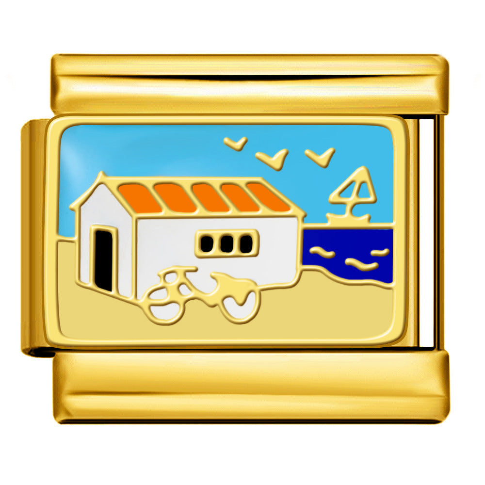 Gold Bottom Tourist Resort Scenery Pattern Italian Module Bracelet DIY Welding Drip Oil Stainless Steel Strap Chain Gold Bottom Tourist Resort Scenery Pattern Italian Module Bracelet DIY Welding Drip Oil Stainless Steel Strap Chain