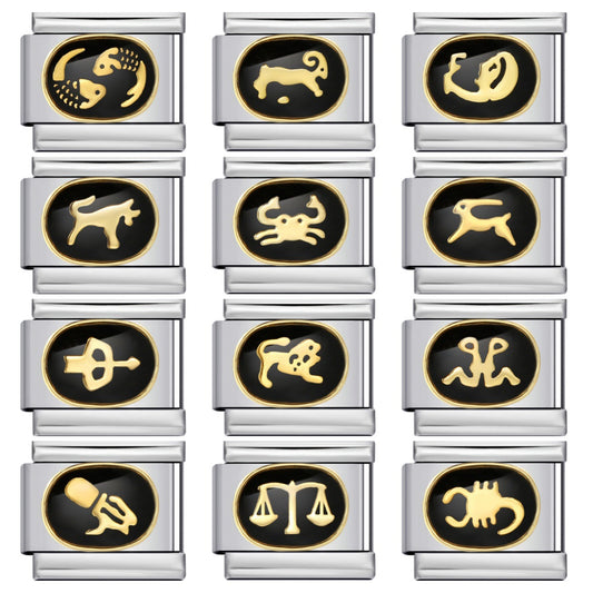 Italian Module Bracelet with Black Welding, Gold-plated Dripping Oil, Twelve Zodiac DIY Pattern, Stainless Steel Bracelet