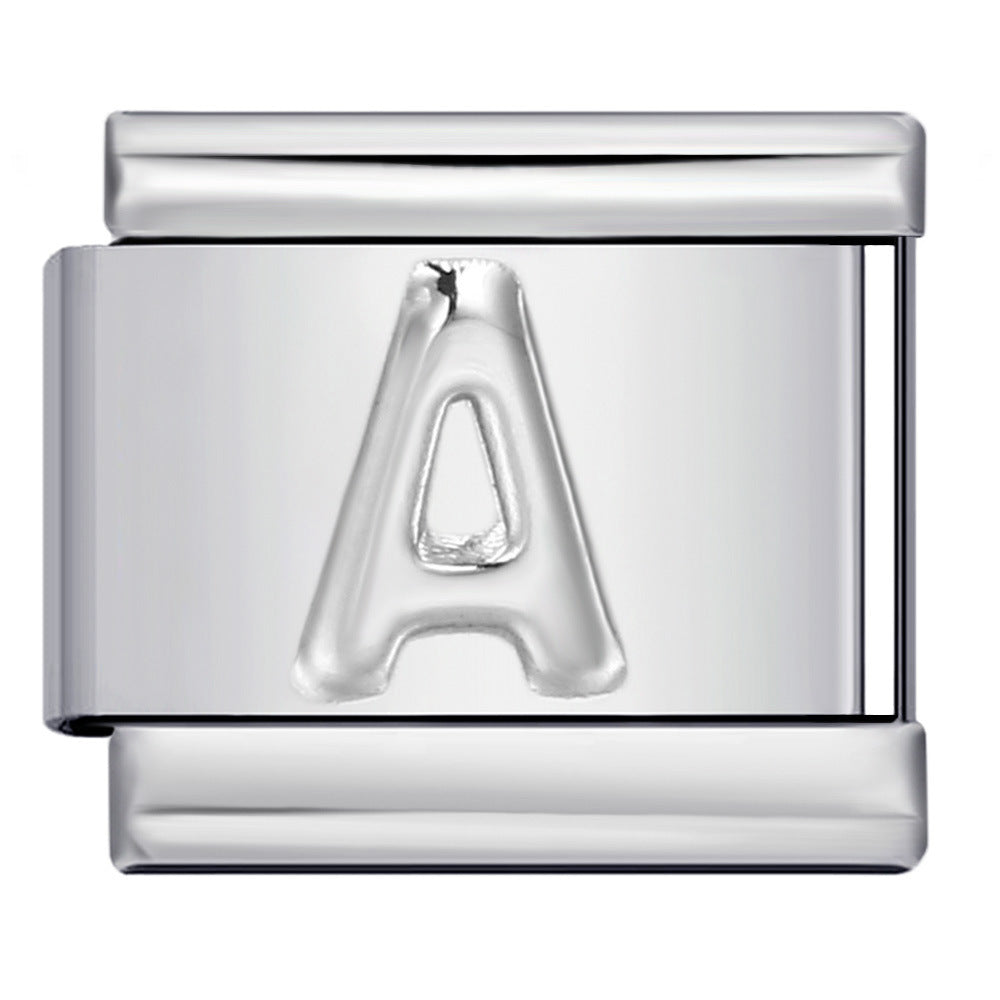 Italian Stainless Steel Silver Raised 26 Letter DIY Module Bracelet with Free Splicing Elastic Watch Strap Italian Stainless Steel Silver Raised 26 Letter DIY Module Bracelet with Free Splicing Elastic Watch Strap