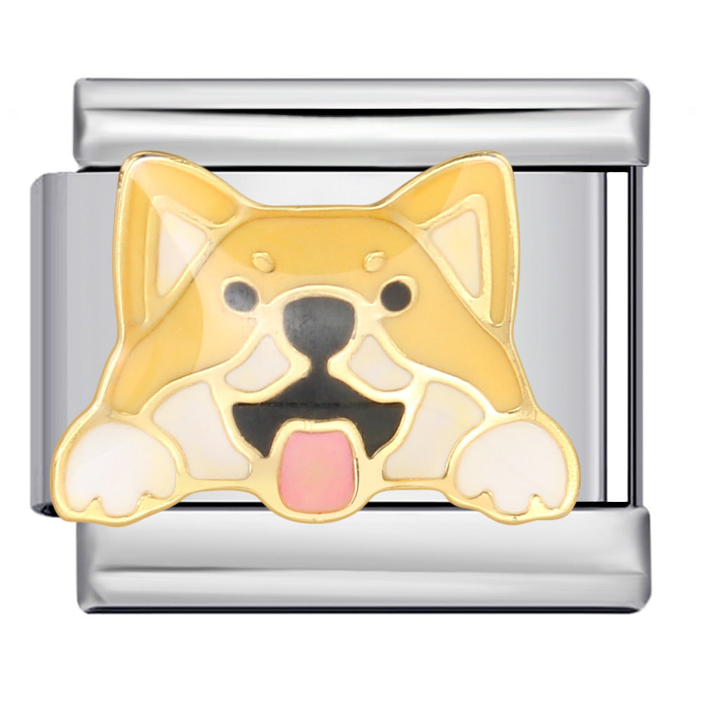Cute Husky Corgi Shepherd Dog Pet Dog Series Titanium Steel Welded Gold Plated Oil Dripping Italian Module Bracelet Cute Husky Corgi Shepherd Dog Pet Dog Series Titanium Steel Welded Gold Plated Oil Dripping Italian Module Bracelet