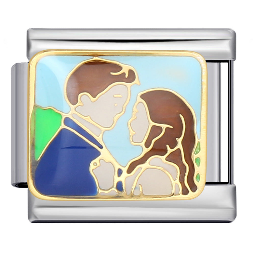 Romantic Valentine's Day Sweet Series Italian Module Bracelet Titanium Steel Welding Drip Oil Pattern DIY Bracelet Romantic Valentine's Day Sweet Series Italian Module Bracelet Titanium Steel Welding Drip Oil Pattern DIY Bracelet