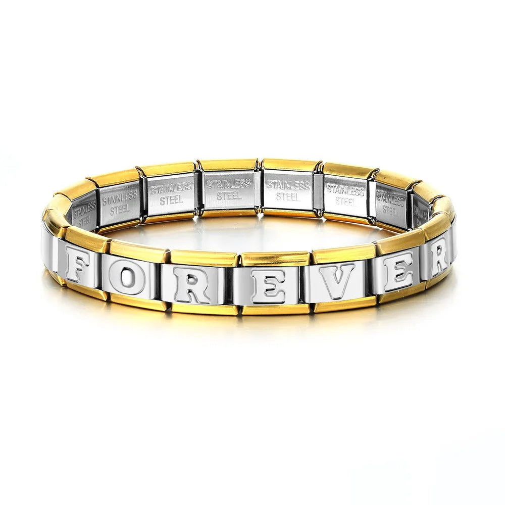 Fashion Gold Cover Silver Concave English Letter Bracelet Titanium Steel Non Dripping Oil DIY Italian Module Bracelet Wholesale Fashion Gold Cover Silver Concave English Letter Bracelet Titanium Steel Non Dripping Oil DIY Italian Module Bracelet Wholesale