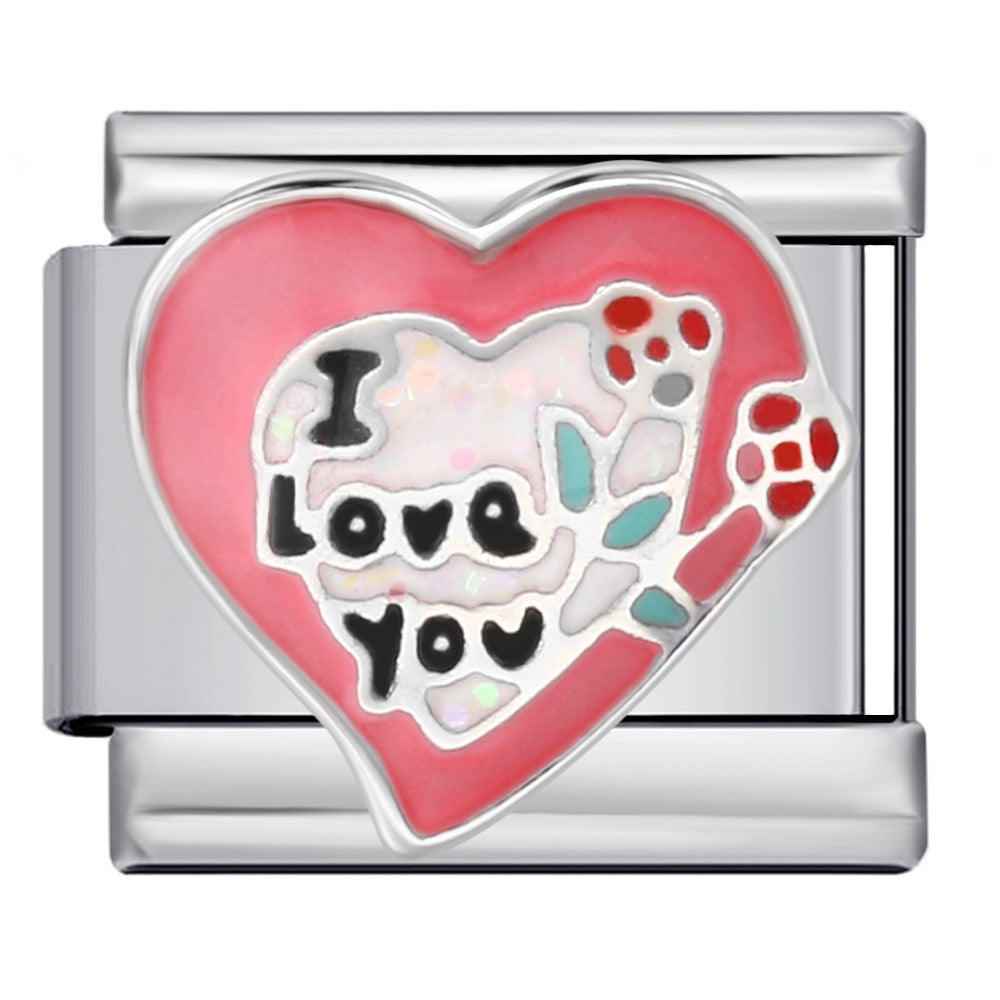 Romantic Valentine's Day Sweet Series Italian Module Bracelet Titanium Steel Welding Drip Oil Pattern DIY Bracelet Romantic Valentine's Day Sweet Series Italian Module Bracelet Titanium Steel Welding Drip Oil Pattern DIY Bracelet