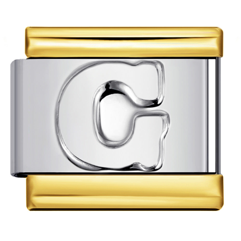 Fashion Gold Cover Silver Concave English Letter Bracelet Titanium Steel Non Dripping Oil DIY Italian Module Bracelet Wholesale Fashion Gold Cover Silver Concave English Letter Bracelet Titanium Steel Non Dripping Oil DIY Italian Module Bracelet Wholesale