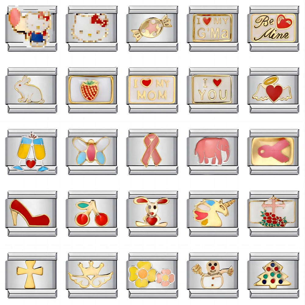 Fresh Titanium Steel Gold Plated Drip Oil Cartoon DIY Italian Module Bracelet Stainless Steel Welded Pattern Strap Chain Fresh Titanium Steel Gold Plated Drip Oil Cartoon DIY Italian Module Bracelet Stainless Steel Welded Pattern Strap Chain