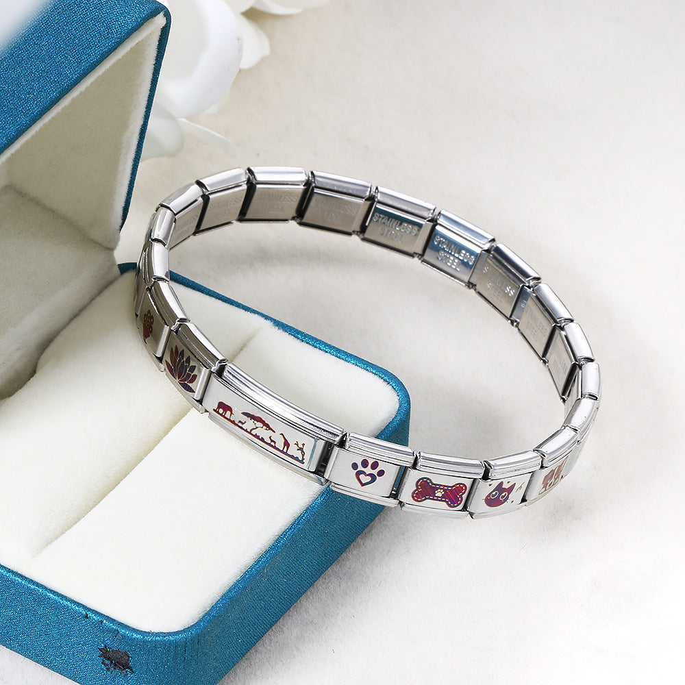 Colorful Laser Engraving Scene Pattern Engraving Italian Module Bracelet Splicing Titanium Steel Strap Chain Colorful Laser Engraving Scene Pattern Engraving Italian Module Bracelet Splicing Titanium Steel Strap Chain