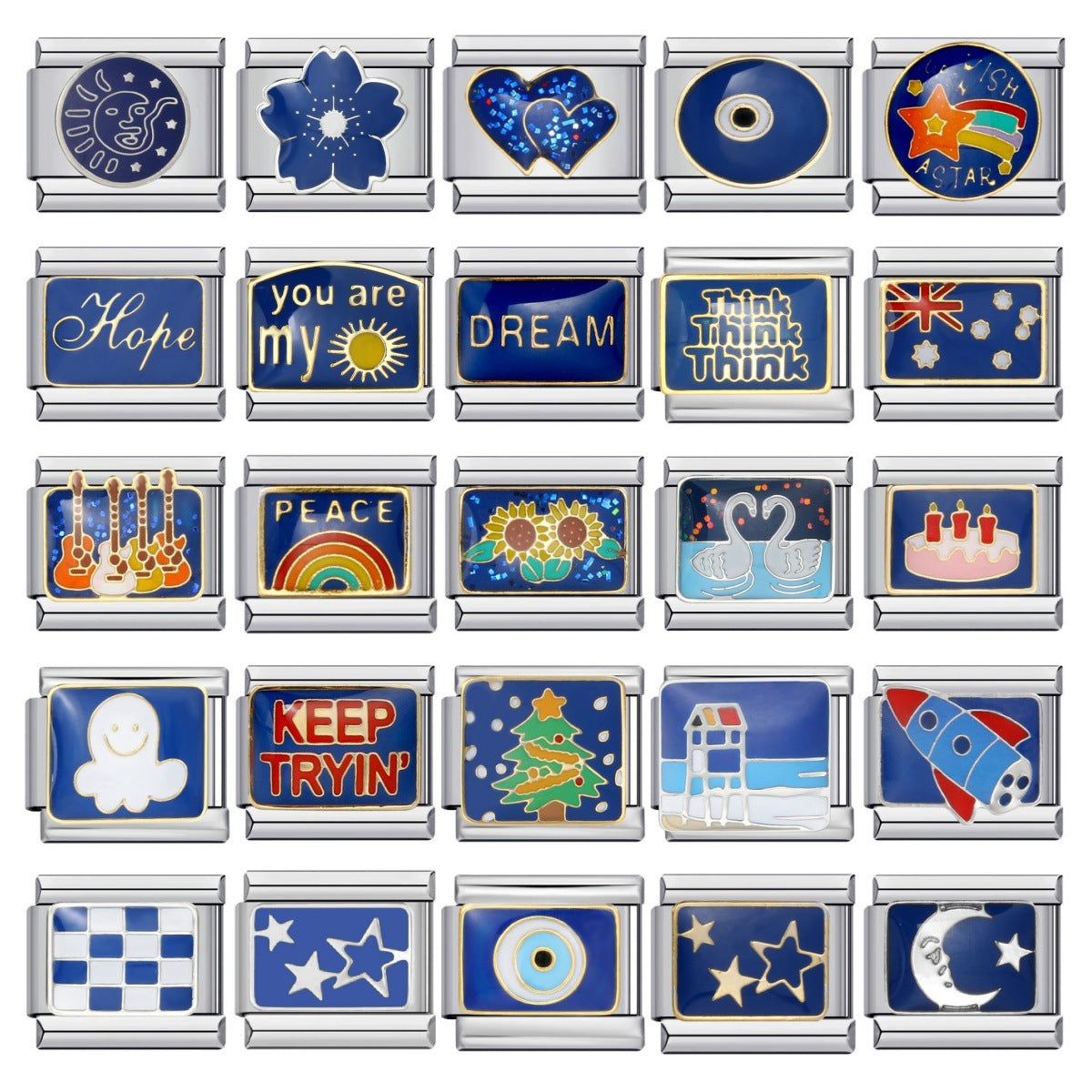 Blue Titanium Steel Welded Pattern Italian Modular Bracelet, Gold-Plated Drip Enamel Free Combination Link Bracelet Blue Titanium Steel Welded Pattern Italian Modular Bracelet, Gold-Plated Drip Enamel Free Combination Link Bracelet