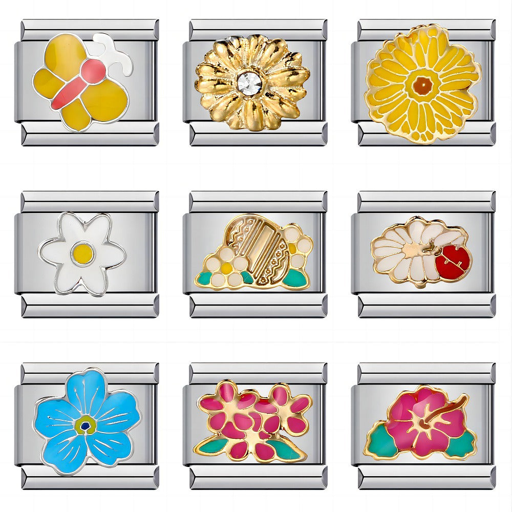 Flower Titanium Steel Drip Oil Welding Pattern Italian Module Bracelet Italian Charm Bracelet Flower Titanium Steel Drip Oil Welding Pattern Italian Module Bracelet Italian Charm Bracelet