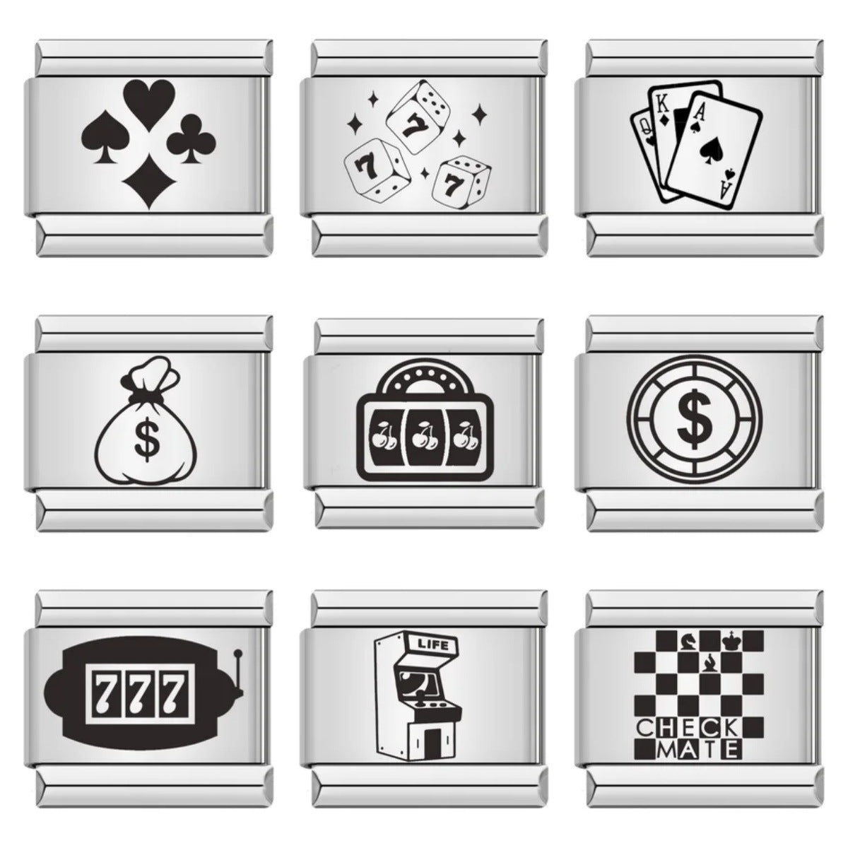 Cross Border Hot Selling Laser Engraving Chess and Card Entertainment Pattern Titanium Steel DIY Italian Module Bracelet Wholesale Cross Border Hot Selling Laser Engraving Chess and Card Entertainment Pattern Titanium Steel DIY Italian Module Bracelet Wholesale