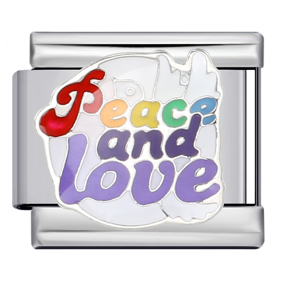 Italian Module Bracelet Peace Series Stainless Steel Welding Drip Oil Pattern DIY Elastic Splicing Strap Chain