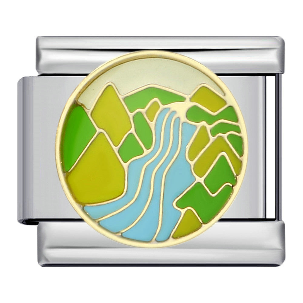 New River, Mountain, Seaside Scenery Italian Module Bracelet with Gold Plating and Oil Dripping DIY Welding Stainless Steel Bracelet