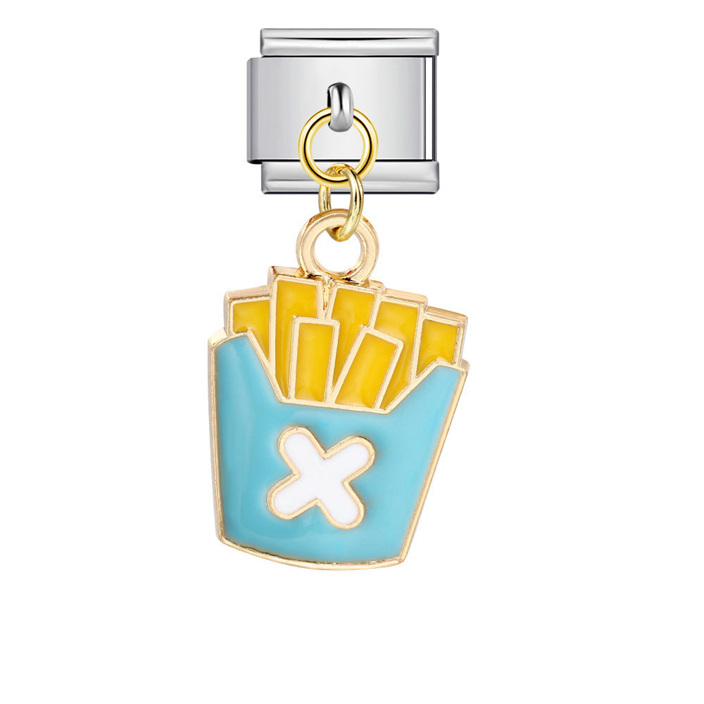 Gourmet Series Burger Fry Pendant Italian Module Bracelet Welding Drip Oil DIY Titanium Steel Strap Chain