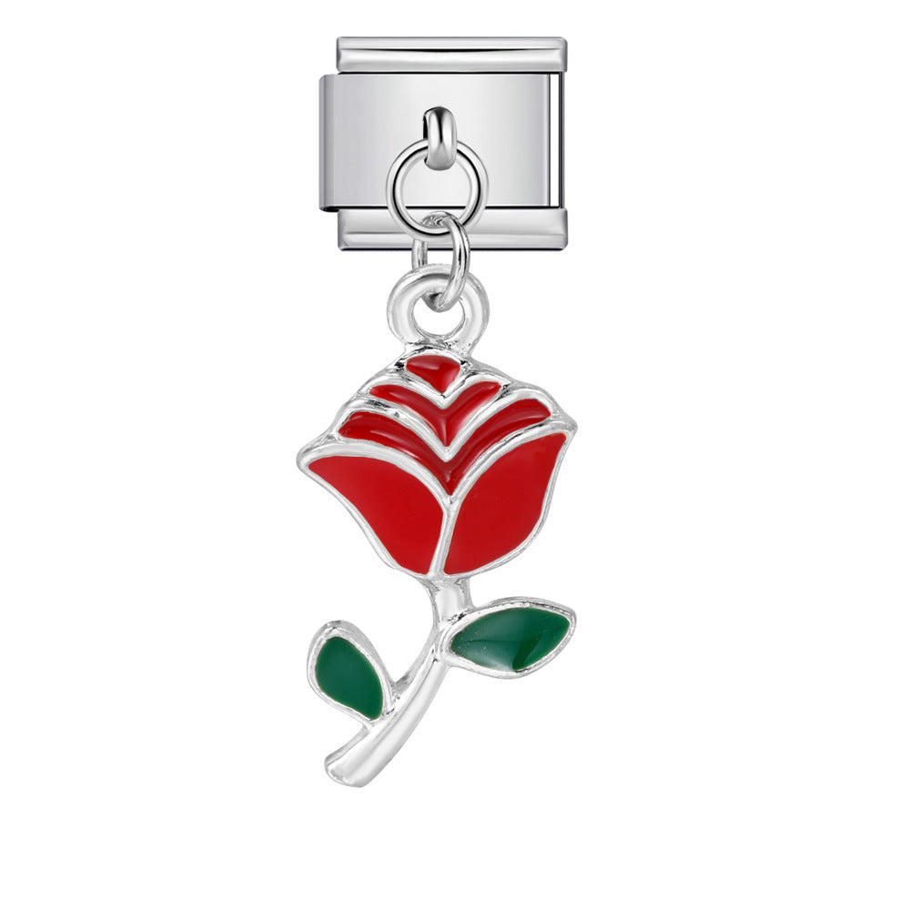 Italian Charm Module Bracelet Single Flower Handmade Pendant Titanium Steel Strap Chain