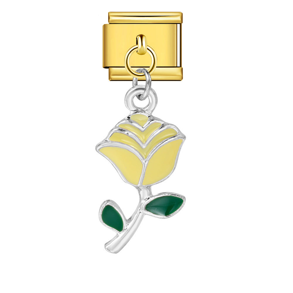 Italian Charm Module Bracelet Single Flower Handmade Pendant Titanium Steel Strap Chain