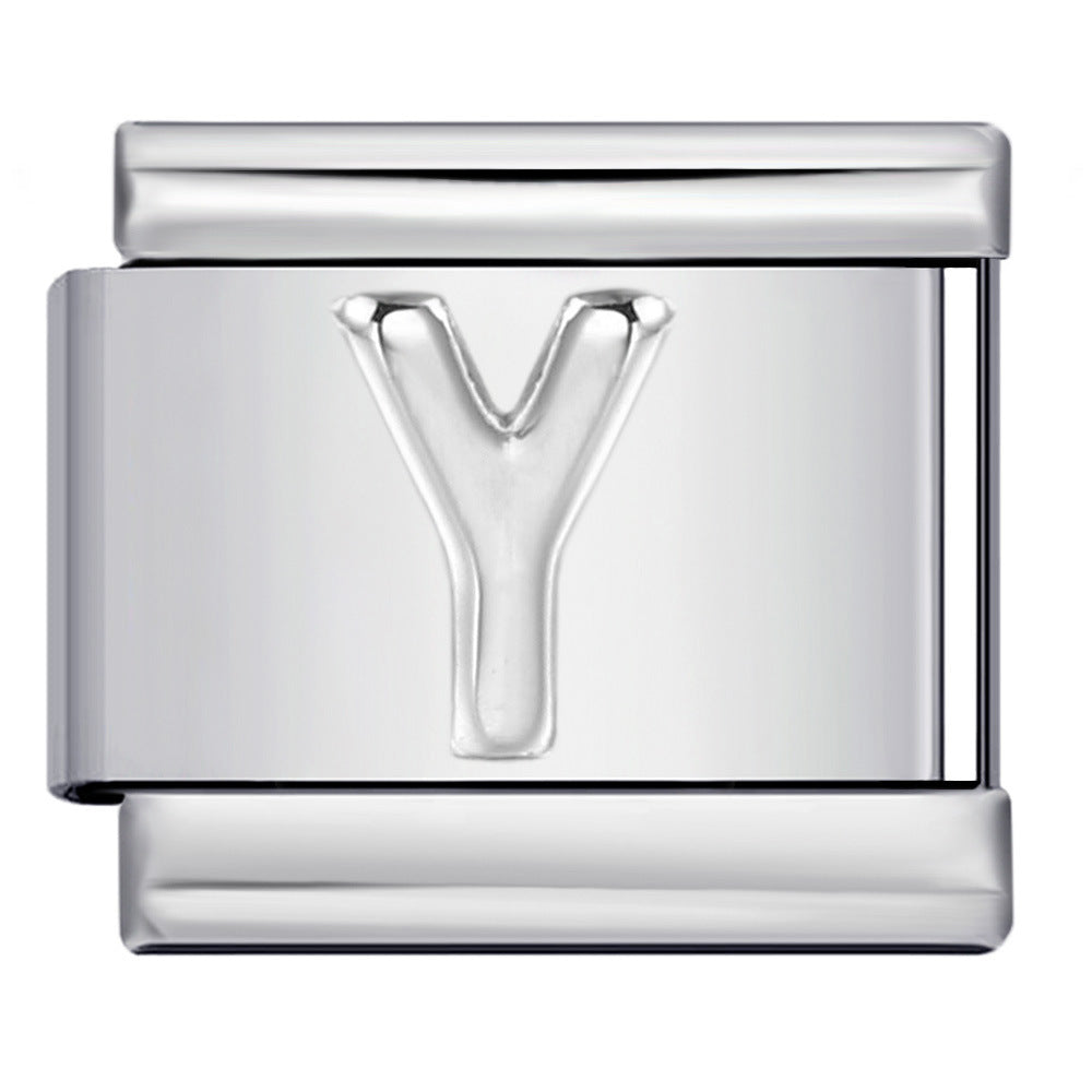 Italian Stainless Steel Silver Raised 26 Letter DIY Module Bracelet with Free Splicing Elastic Watch Strap