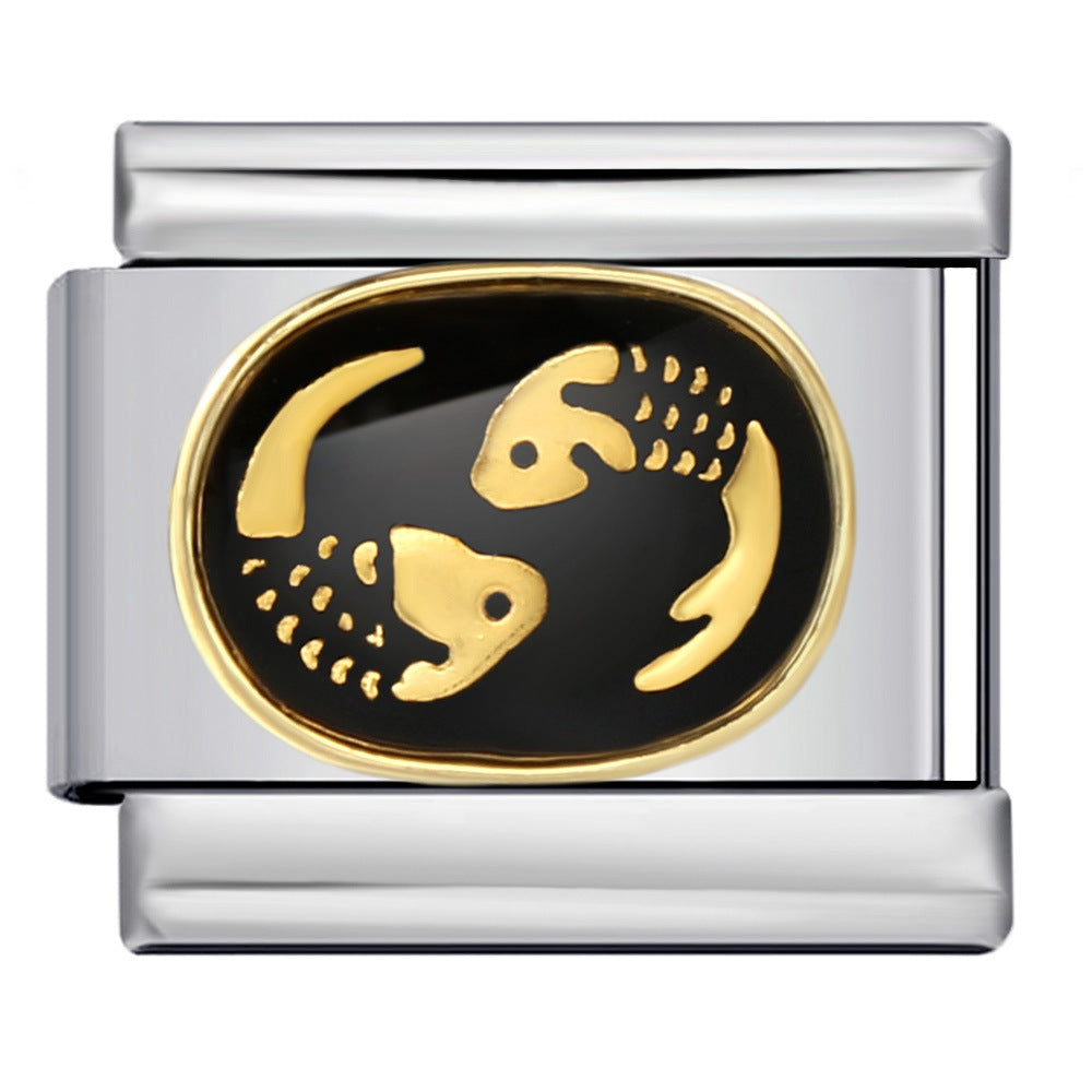 Italian Module Bracelet with Black Welding, Gold-plated Dripping Oil, Twelve Zodiac DIY Pattern, Stainless Steel Bracelet