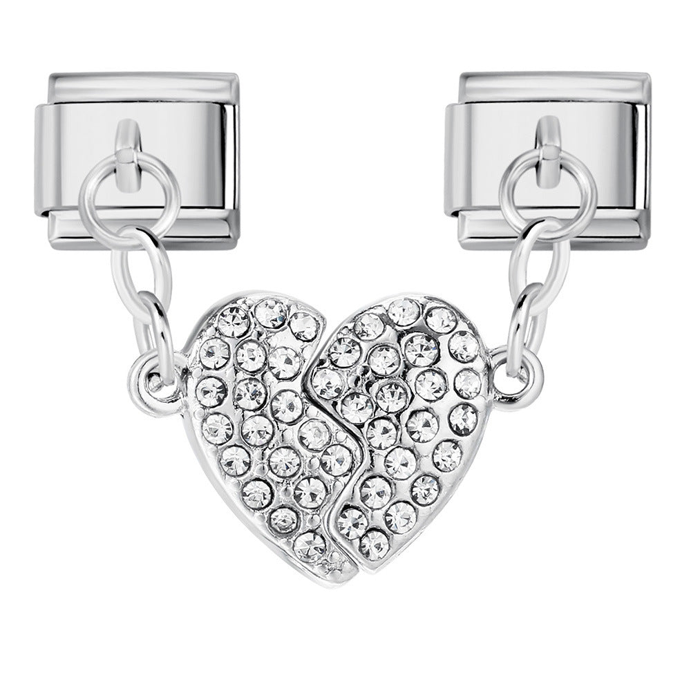 Micro Inlaid Zircon Heart-shaped Double Pendant Bracelet Accessory Titanium Steel DIY Free Splicing Italian Module Bracelet