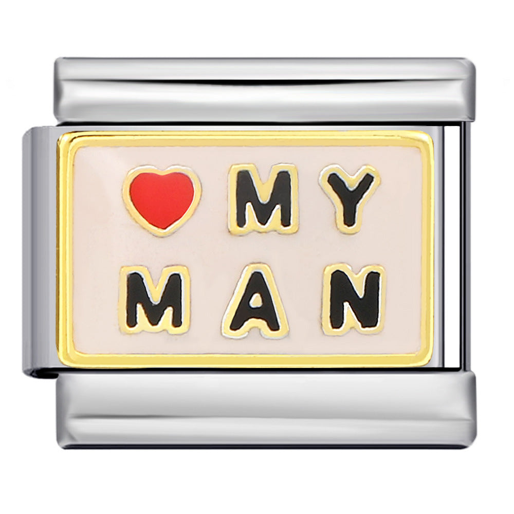 Cross Border Hot Selling Heart English Pattern Wristband Titanium Steel Welded Gold-plated Drip Oil DIY Italian Module Bracelet