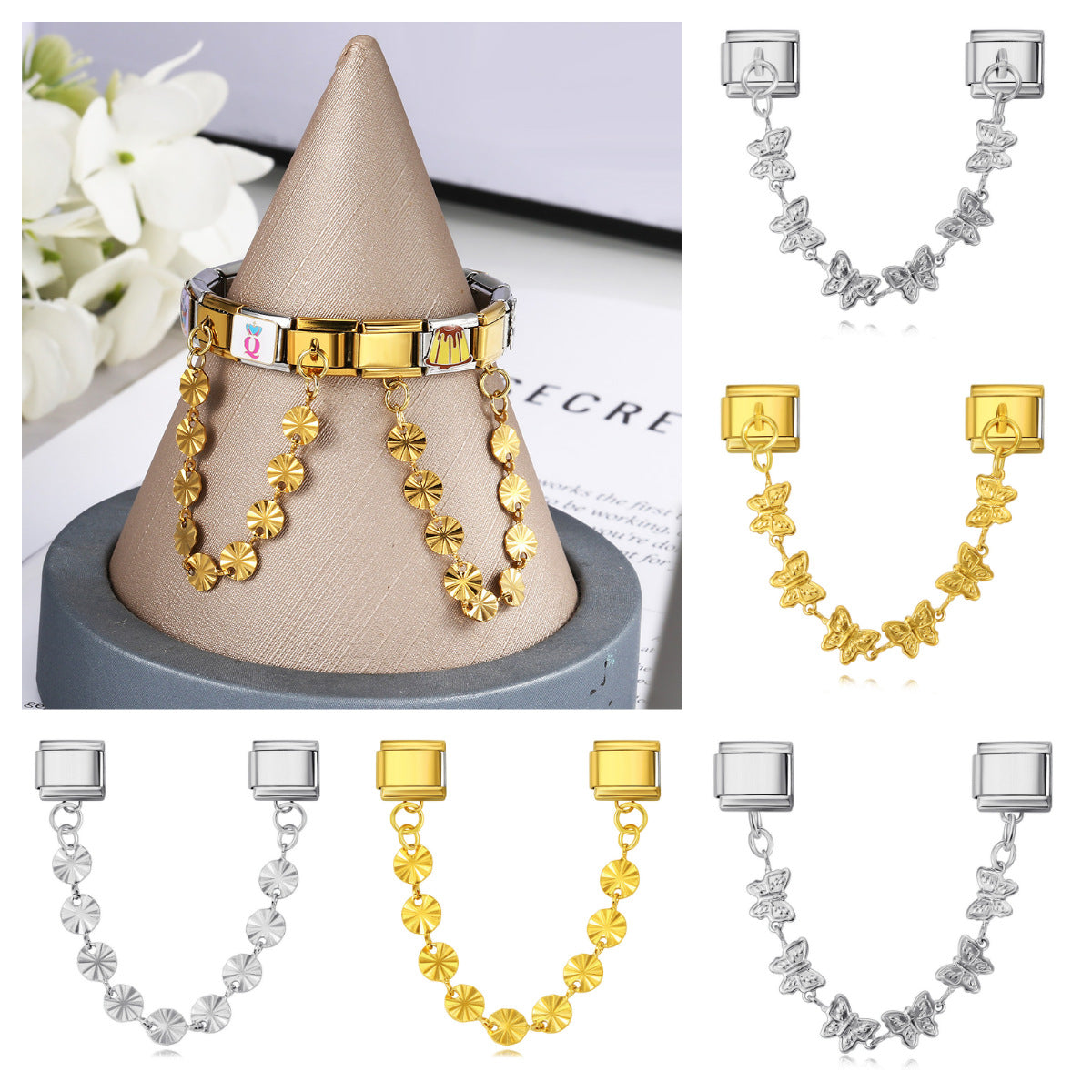 New Gold and Silver Bottom Double Hanging Pendant Italian Module Bracelet Stainless Steel Hook DIY Elastic Strap Chain