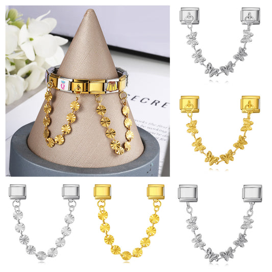 New Gold and Silver Bottom Double Hanging Pendant Italian Module Bracelet Stainless Steel Hook DIY Elastic Strap Chain