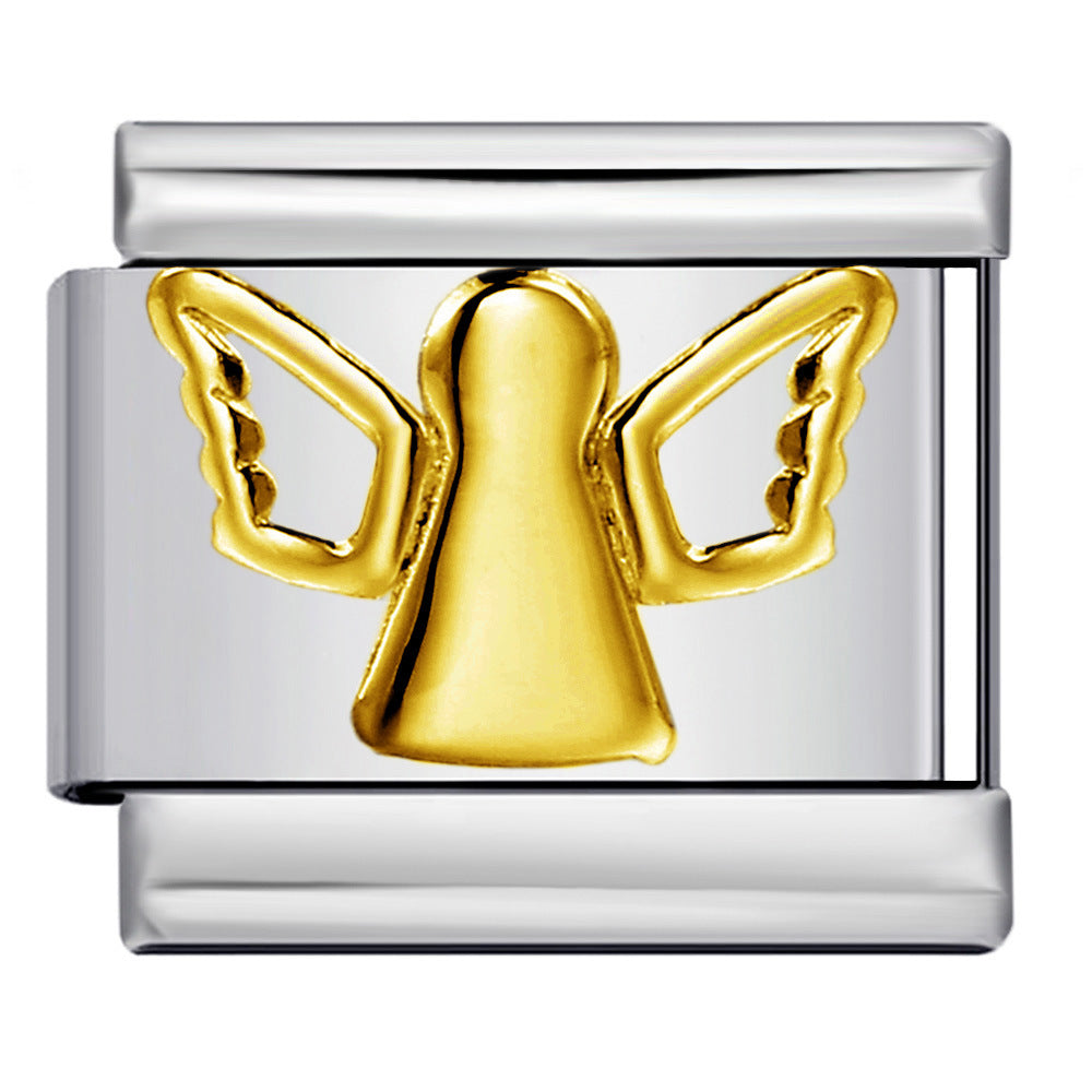 Photo Style Italian Module Bracelet with Angel Pattern Titanium Steel Welding, Gold Plating, Oil Dripping DIY Splicing Bracelet