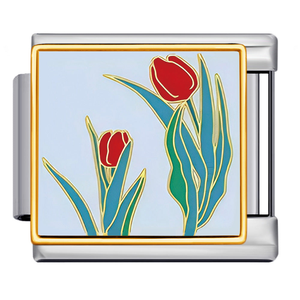 Square Flower Italian Module Bracelet Titanium Steel Welding Drip Oil Pattern DIY Strap Chain Accessories Wholesale