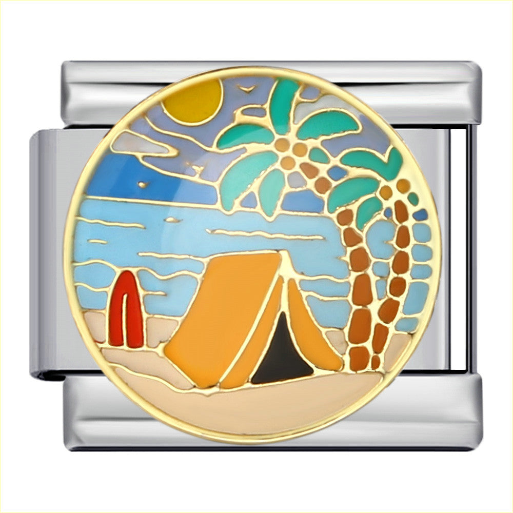 New River, Mountain, Seaside Scenery Italian Module Bracelet with Gold Plating and Oil Dripping DIY Welding Stainless Steel Bracelet