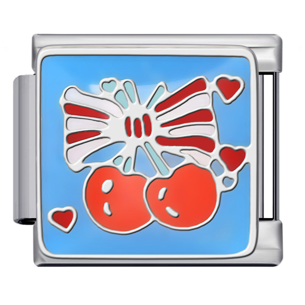 Bow & Cherry Pattern Italian Module Bracelet Titanium Steel Welded Drip-Oil DIY Bracelet Women's Jewelry