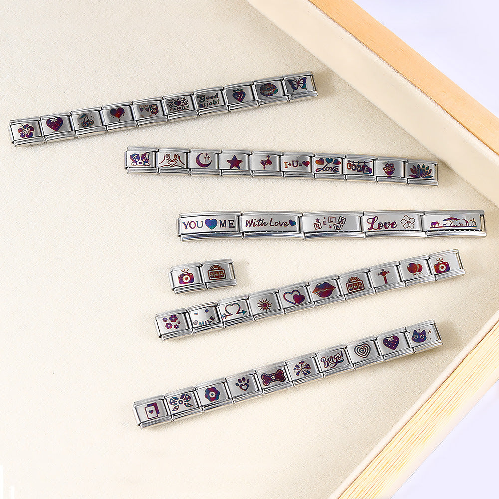 Colorful Laser Engraving Scene Pattern Engraving Italian Module Bracelet Splicing Titanium Steel Strap Chain