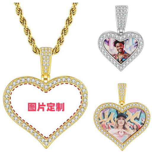 New Micro Inlaid Zircon Heart-shaped Circular Pendant DIY Personalized Picture Photo Making Necklace Birthday Gift